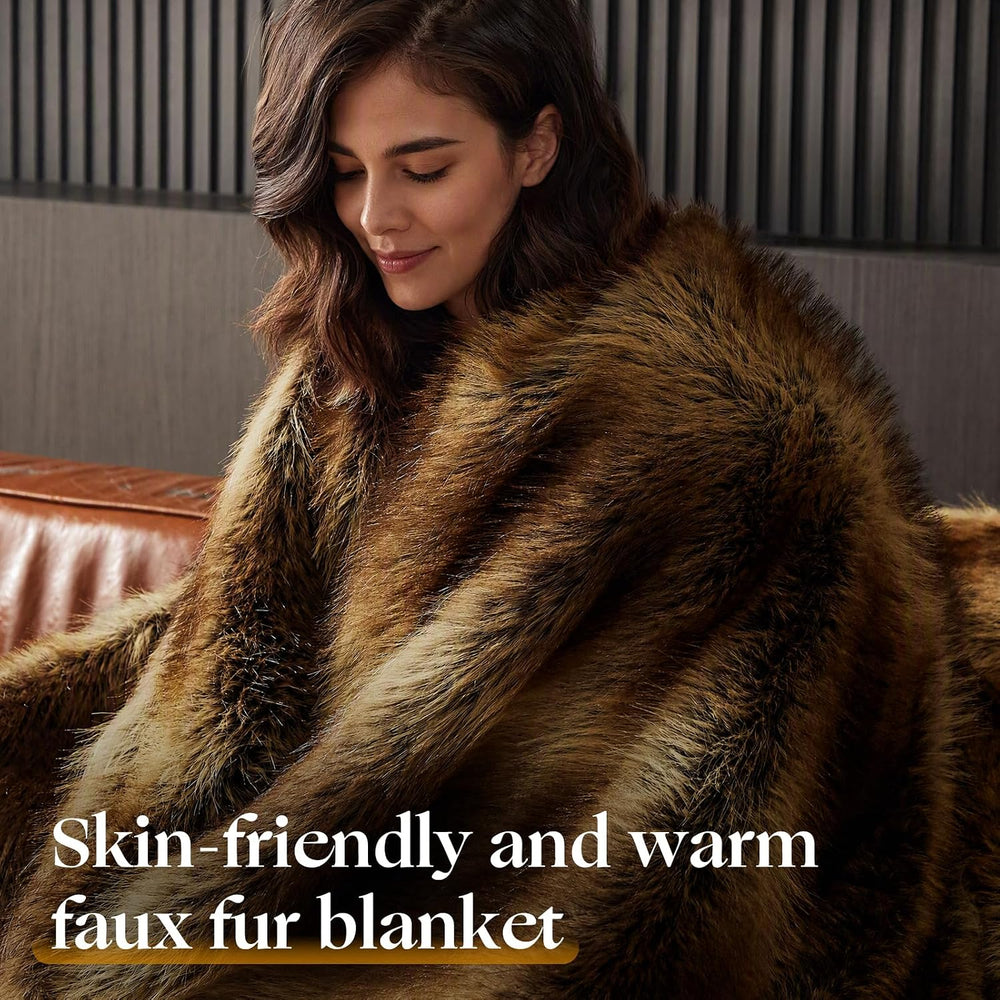 Fluffy Faux Fur Throw Blanket - Thick Warm Blanket 60"x80", Brown