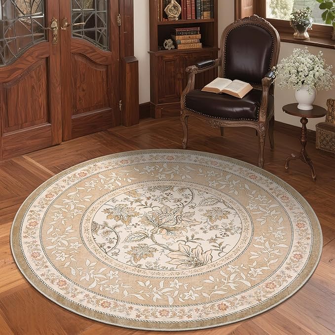 GarveeHome Pinkish Brown Botanical Grove 5ft Round Rug, Small Circle Vintage - Image 3