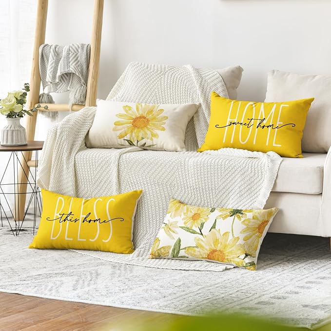 AVOIN colorlife Home Sweet Home Spring Summer Flowers Yellow Throw Pillow Covers - Image 2
