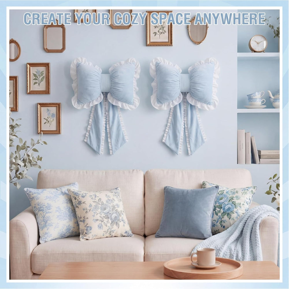 2 Pcs Blue Bow Pillows with Lace Trim 17.72 x 15.75'' Decorative Bow ...