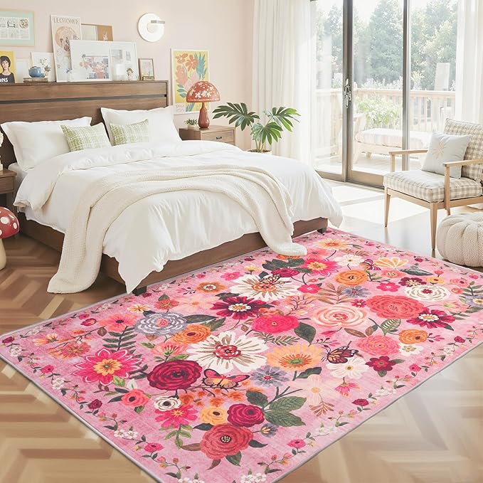 Pink Floral Girls Room Rug 4x6, Non-Slip Washable Rugs - Image 5