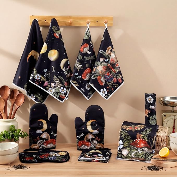 12 Pcs Black Witchy Kitchen Decor Set 4 Mushroom Kitchentowels 4 Absorbent - Image 7