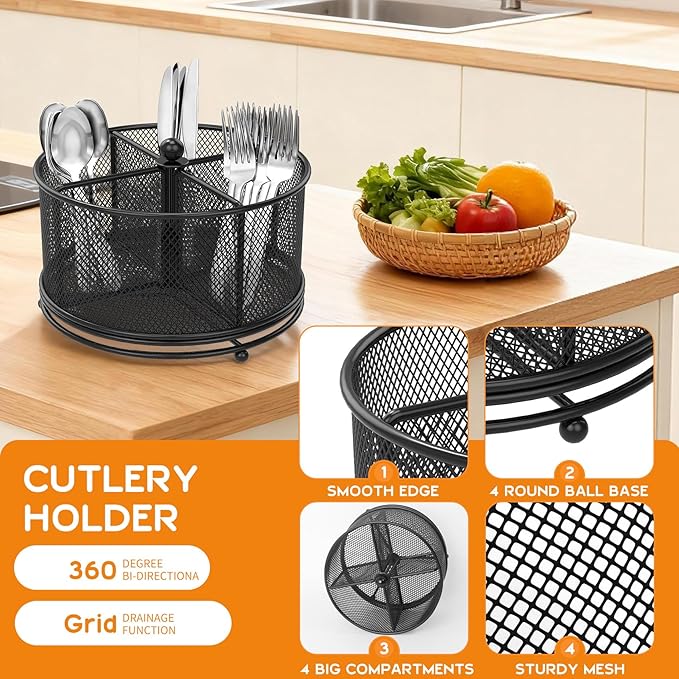 360° Rotating Metal Utensil Caddy, 4 Compartment Silverware Cutlery Holder - Image 5