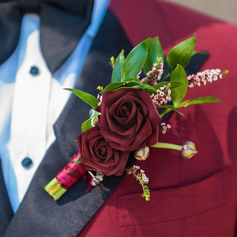 Mocoosy 50Pcs Burgundy Roses Artificial Flowers, Burgundy Fake Rose for Decor...