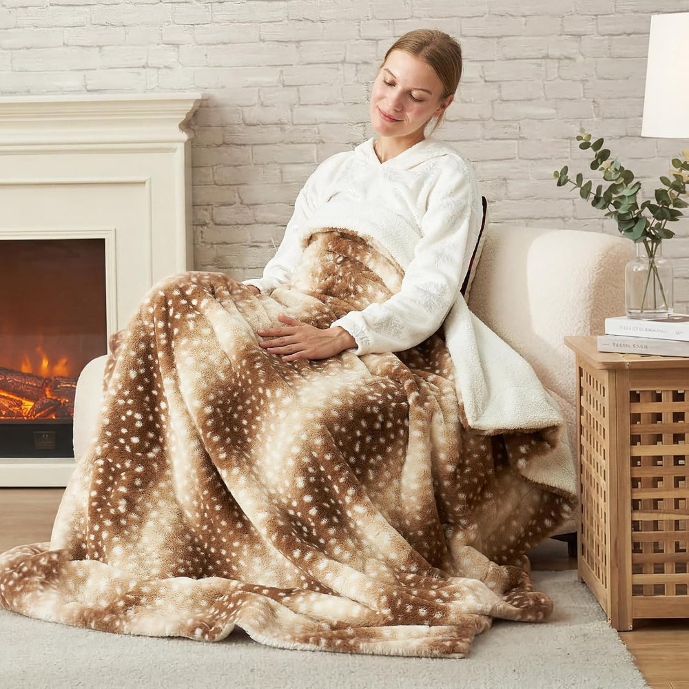 Cozy Bliss Deer Print Faux Fur Throw Blanket,50"×60", Brown Deer