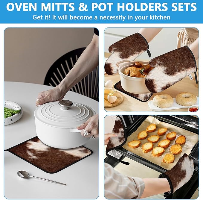 Brown Cow Print Oven Mitts and Pot Holders Sets Heat Resistant 4Pcs Potholders - Image 6