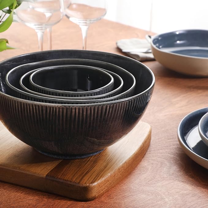 Gibson Elite Sandy Pines 4 Piece Nesting Bowl Set, 7” & 9” Round Stonewar...