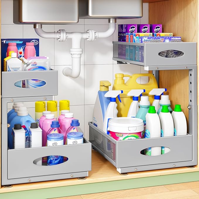 Under Sink Organizer, L-Shaped Adjustable Height, Mesh Sliding Drawer by Kitstorack
