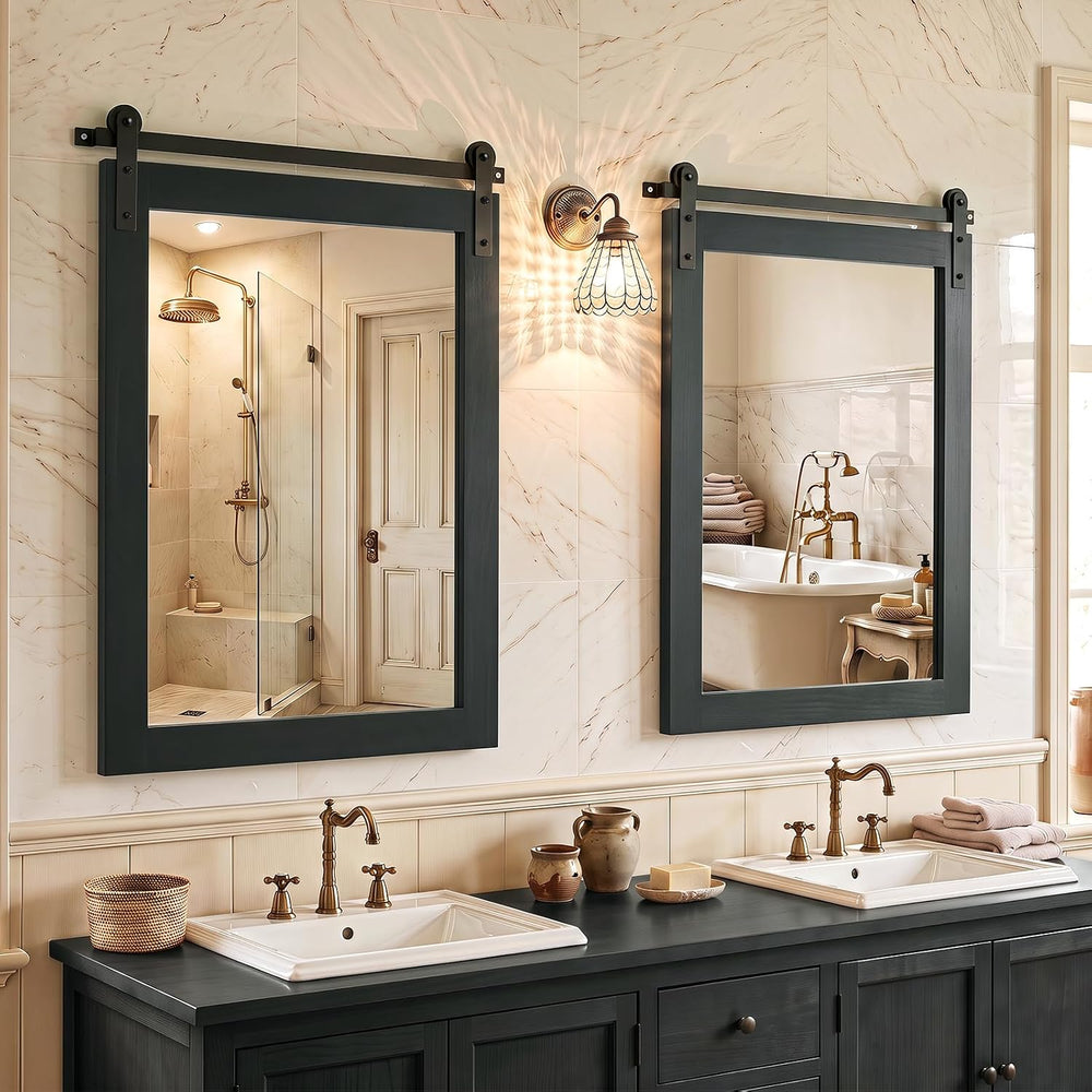 CHARMAID Farmhouse Barn Door Wall Mirror for Bathroom, 29"x23", Black