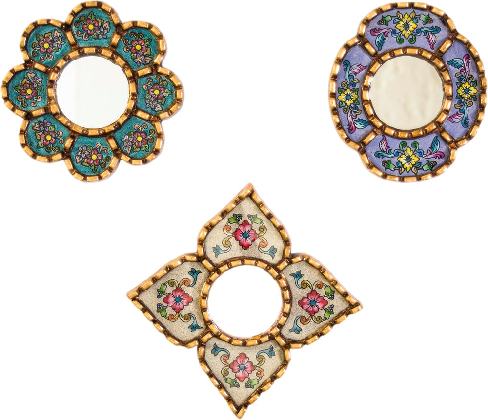 Peruvian Mirror Set 3, Floral Shapes, Turquoise Purple Beige