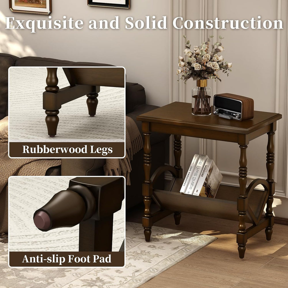 LKTART Wood End Table, Vintage Sofa Side Table with Magazine Rack and Rubberw...