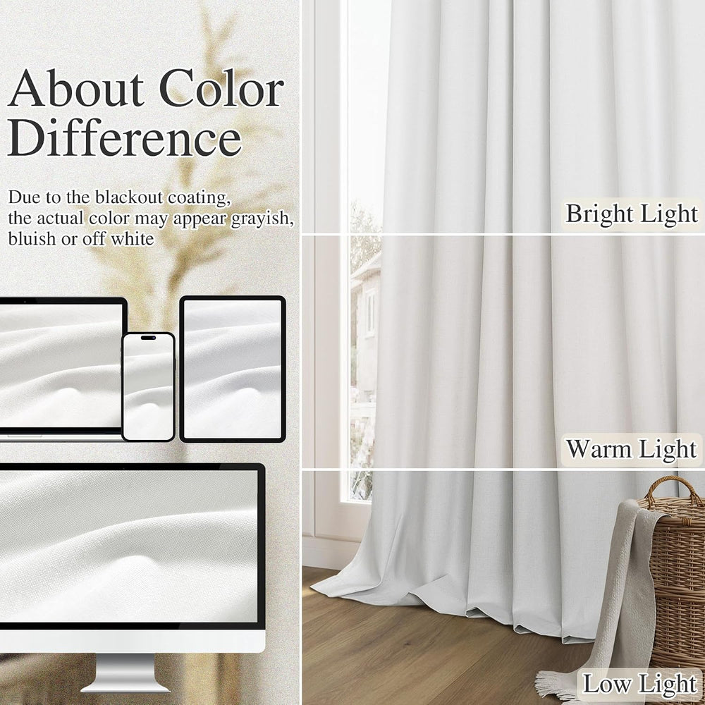 100% Blackout Linen Curtains 84 Inch Long for Bedroom 2 Panels White
