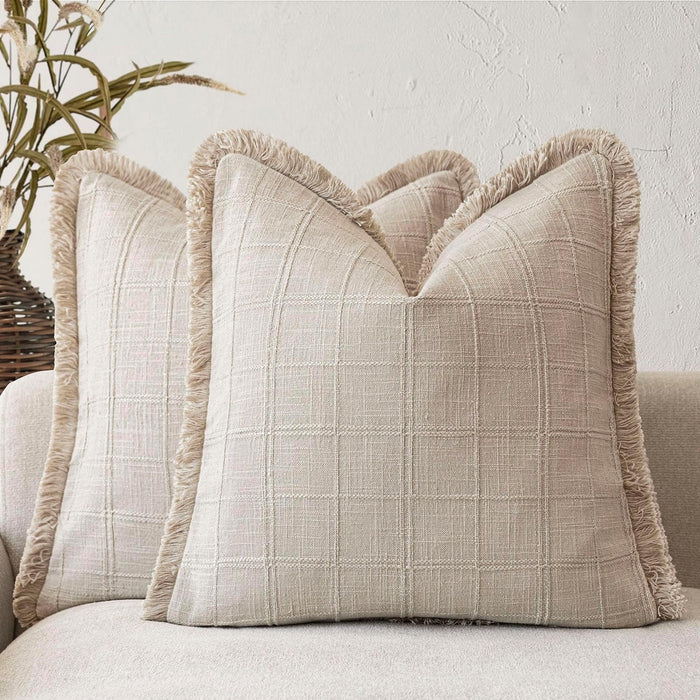 Foindtower Set of 2 Decorative Linen Check Fringe Throw Pillow Covers Farmhouse Vintage Cushion Covers Modern Boho Home Decor for Sofa Chair Couch Bedroom Living Room Outdoor,24×24 Inch,Natural Linen
