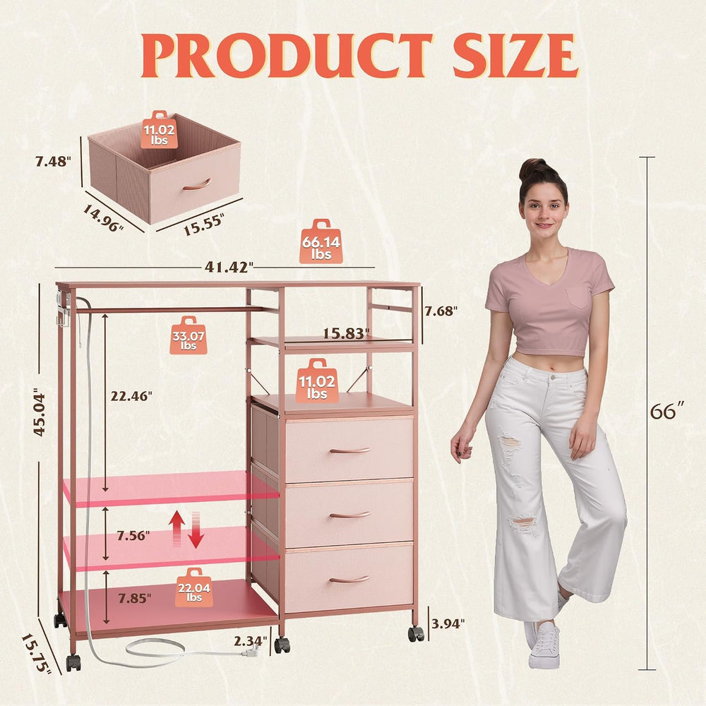 WLIVE LED Dresser for Bedroom, 3 Drawers with Hanging Rack, Pink