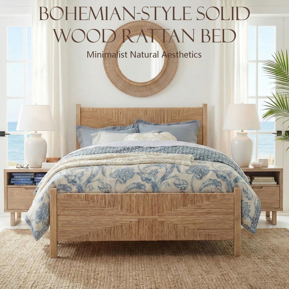 Brafab King Size Rattan Bed Frame, Boho Wicker Headboard, Natural Oak
