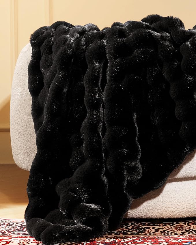 Ultra Soft Cozy Faux Fur Throw Blanket, Fuzzy Plush Thick Bubble Blanket - Image 2