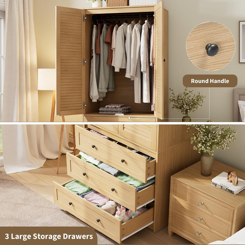 GarveeHome Armoire Wardrobe with Drawers, Wooden Closet, Hanging Rod, Oak