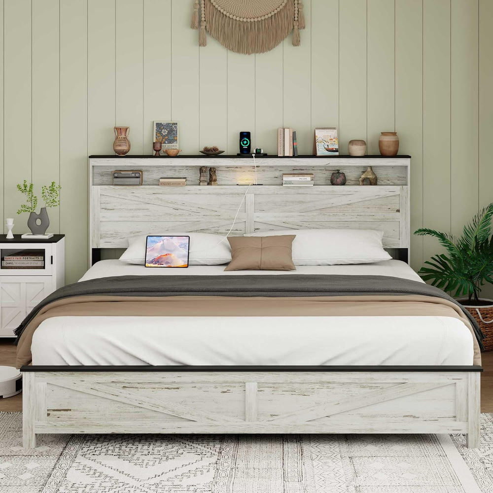 Ball & Cast Wood King Size Bed Frame with Storage Headboard,Farmhouse Pla...