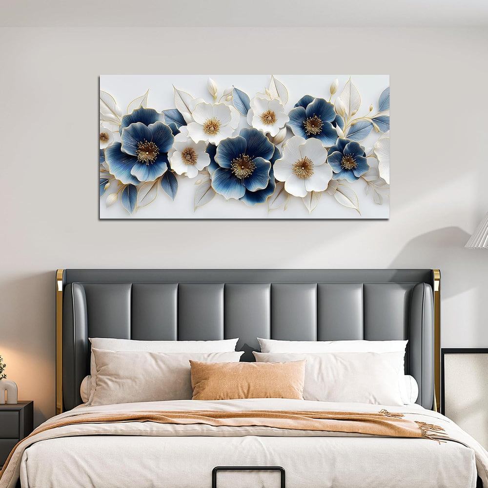 Large Canvas Wall Art for Living Room Blue and White Floral Print Painting wa...