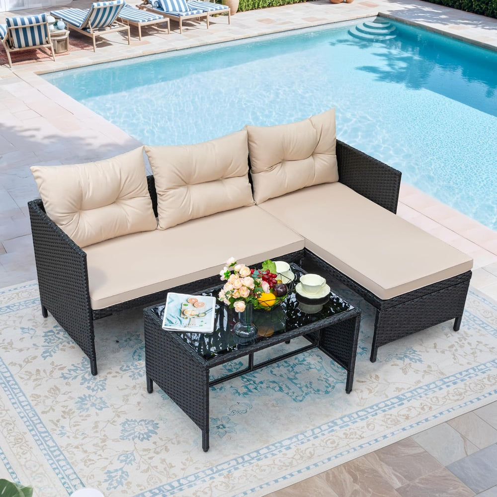 Greesum 3 Piece Patio Furniture Set Outdoor Wicker Sectional Sofa,Beige