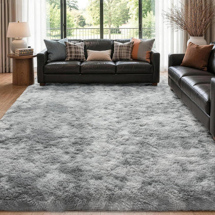 10x14 Extra Large Fluffy Area Rugs for Living Room Tie-Dyed Light Grey