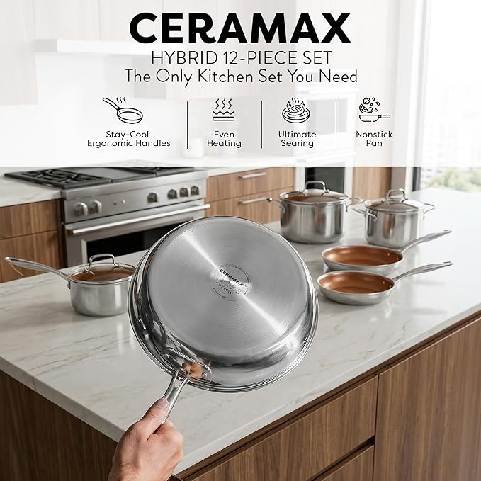 Gotham Steel Ceramax 12 Pcs Tri Ply Hybrid Stainless Steel Cookware Set - Image 5