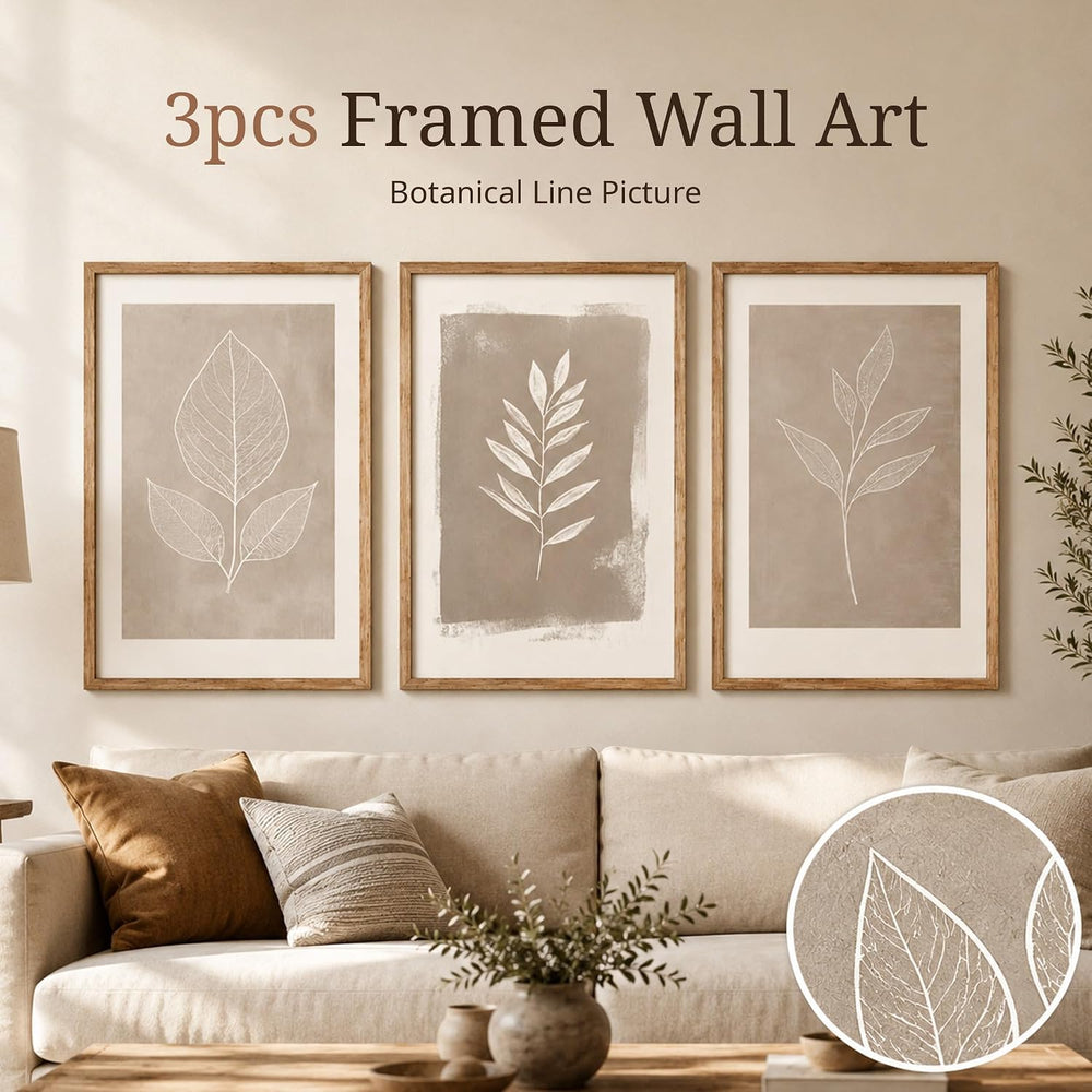 Framed 3pcs Boho Neutral Leaf Canvas Wall Art 12x16 Inch