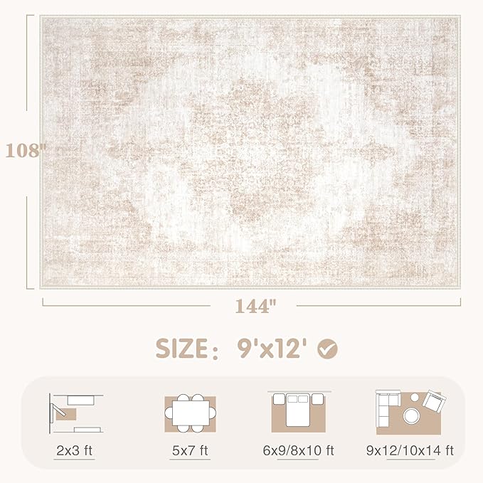 Area Rug 9x12 Vintage Rugs: Large Washable Living Room Rug Retro Medallion - Image 2