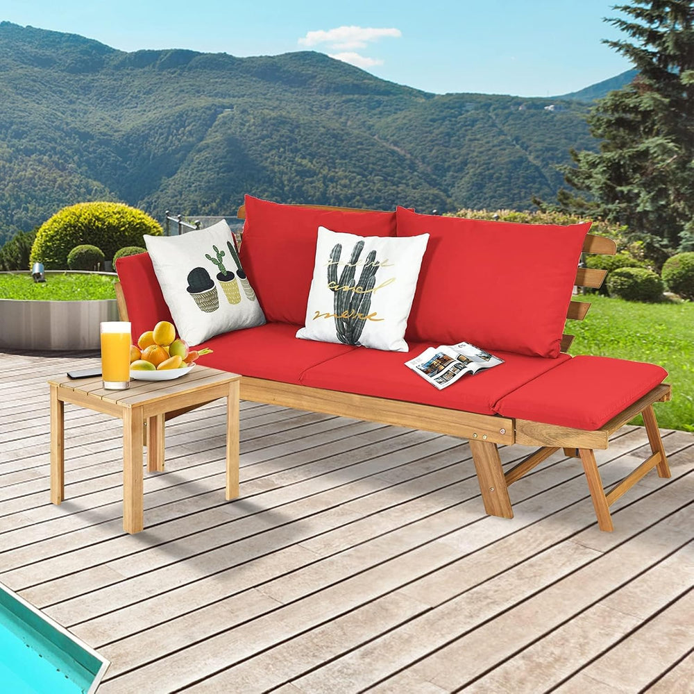 DORTALA Patio Convertible Couch Sofa Bed, Acacia Wood Daybed w/Adjustable Arm...