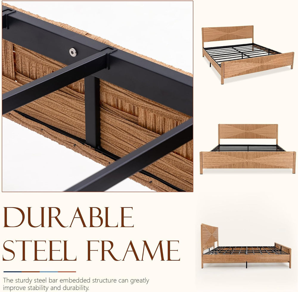 Brafab Hand-woven Rattan King Bed Frame with Headboard and Footboard