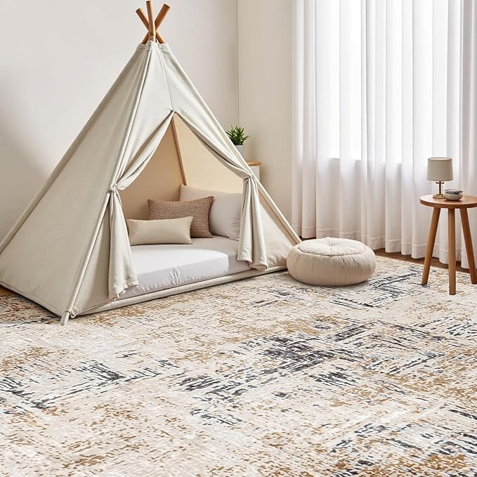 Rugflix 8x10 Washable Area Rugs, Neutral Boho Carpet Living Room Rug Non Slip
