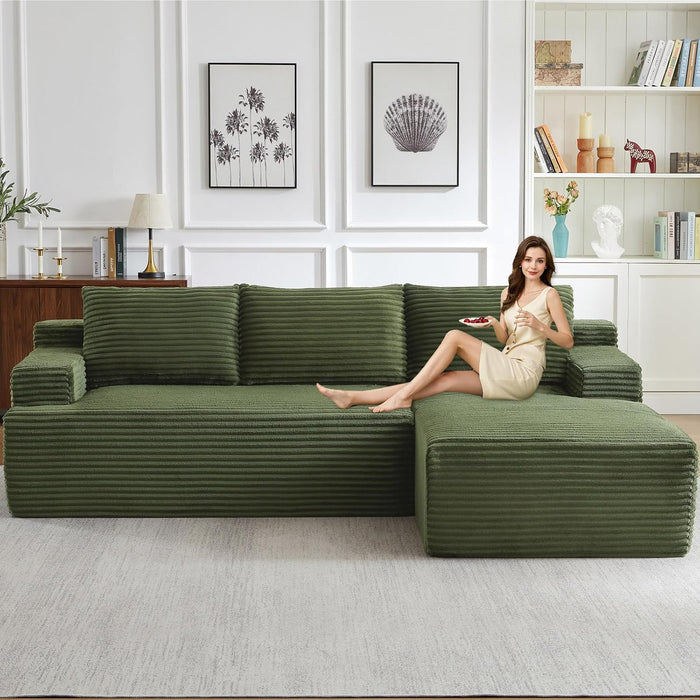 96.1" Modular Sectional Sofa Couches L-Shape Couch 3 Seat Modular Sofa Corduroy Memory Foam Sectional Boneless Couches for Living Room, Cloud Couch with Oversized Chaise(Green, Right Facing)