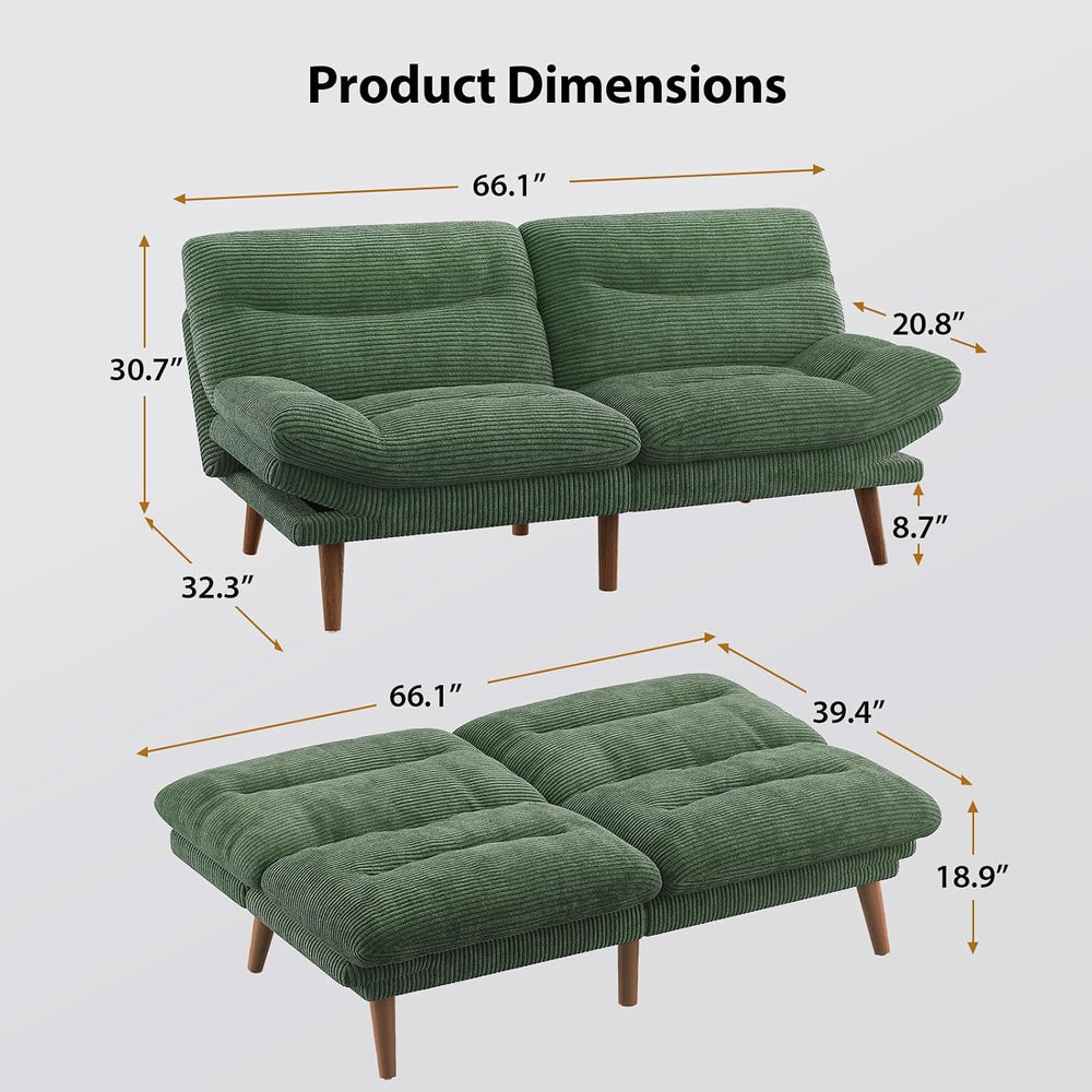 PERLECARE Convertible Futon Sofa Bed, 66" Corduroy Futon Couch with Adju...