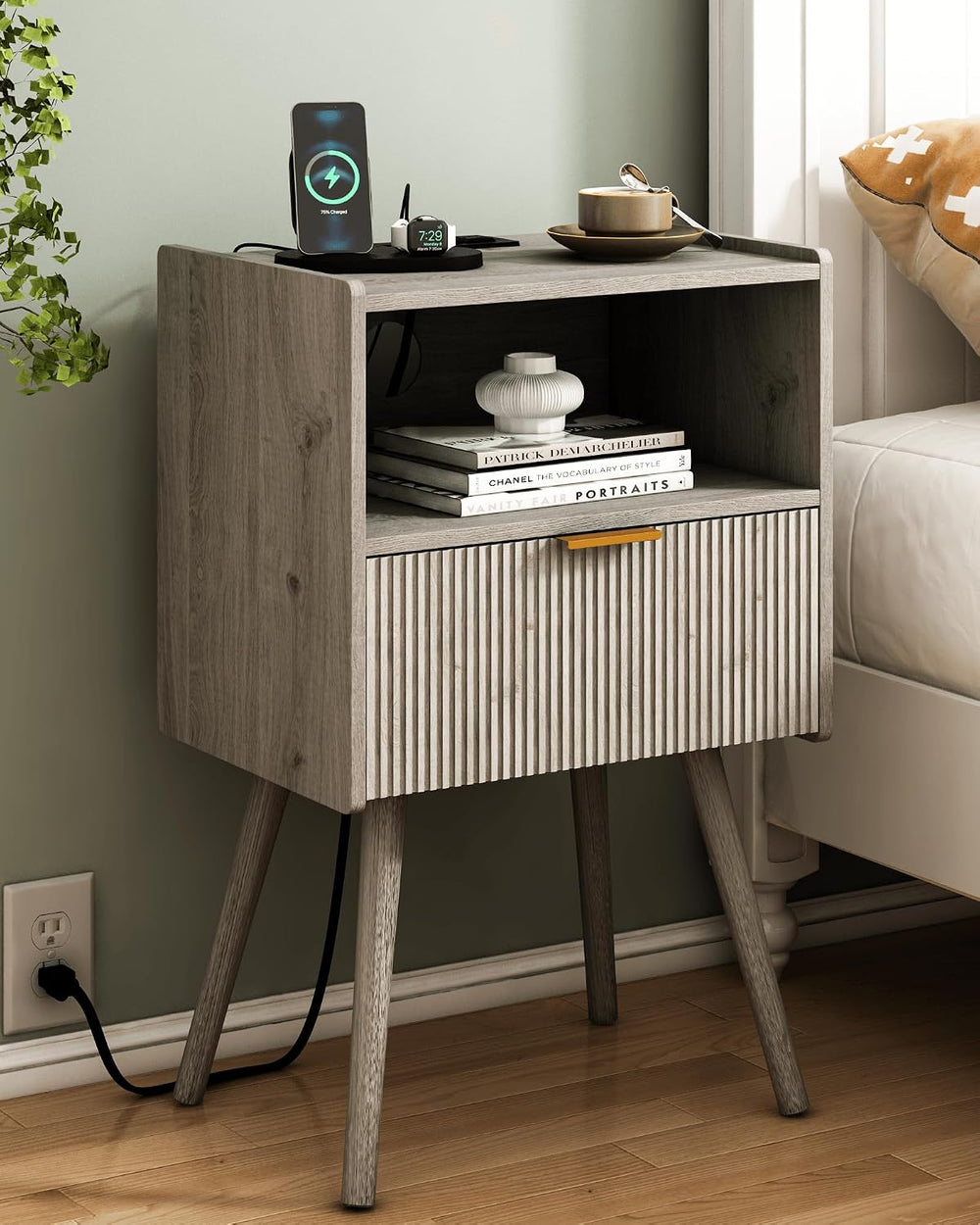 Nightstand with Outlet,Modern Bedside Table with Storage Drawer and Open Wood...