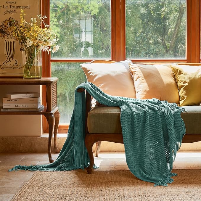 lifein Throw Blanket for Couch, Soft Boho Decor Bed Throw, Cozy Blue Chenille - Image 2
