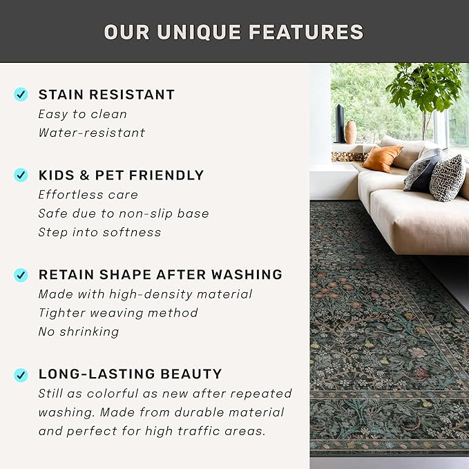 Washable Dark Green 10x12 Rug for Living Room - Image 8