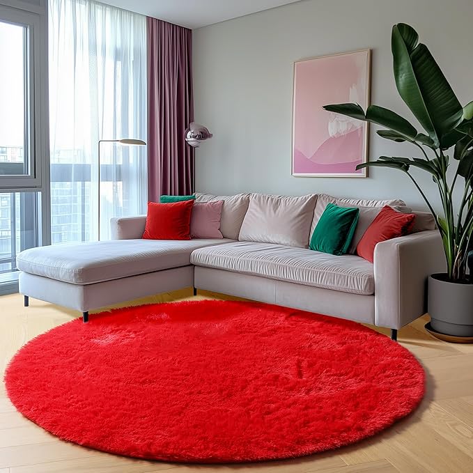 ONASAR Red Round Rugs 5ft for Bedroom Living Room, Fluffy Circle Area Rug for - Image 4