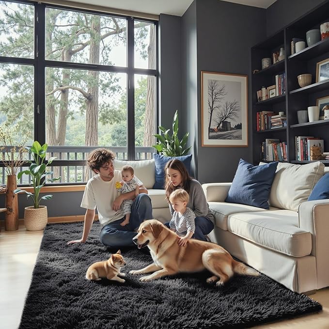 Black Rug Super Soft Shaggy 4x6 Feet Rugs by Junhejiamei