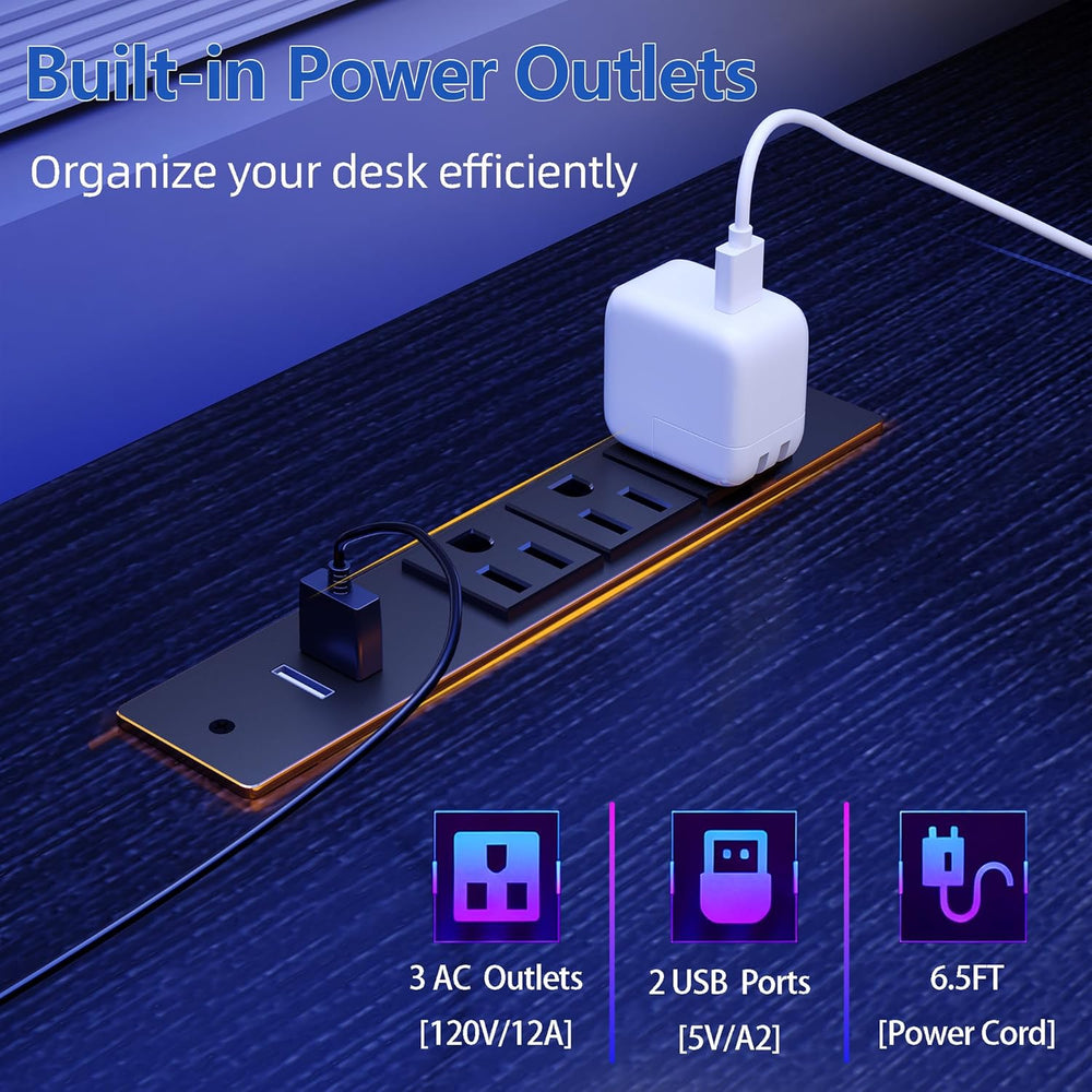 Furologee 51" Gaming Desk with Power Outlets & LED Lights, Reversibl...
