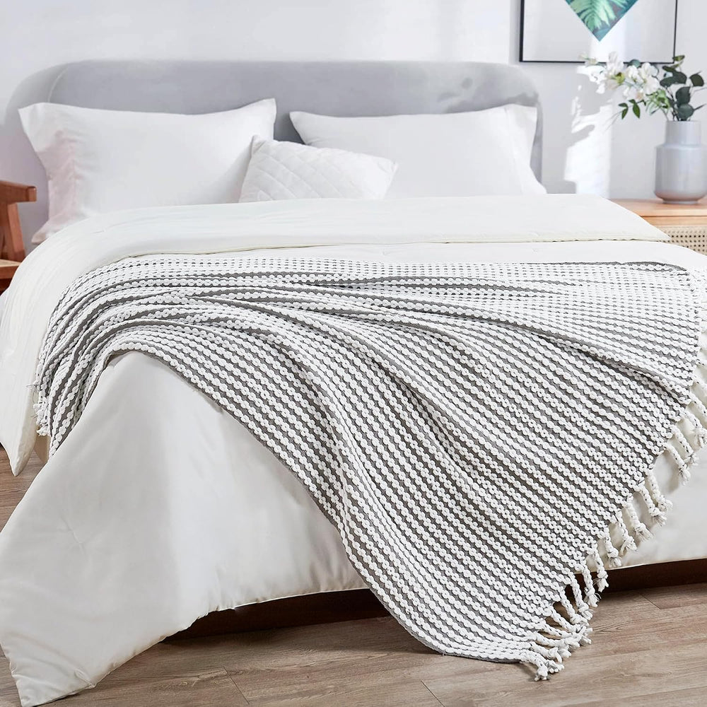 Striped Knit Throw Blanket with Braided Tassels 50" x 60", Hand Kni...