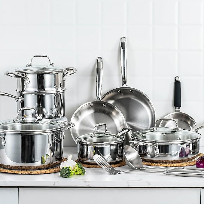 SuperCook Tri Ply Stainless Steel Cookware Set, 16-Piece Pots and Pans Set - Image 7