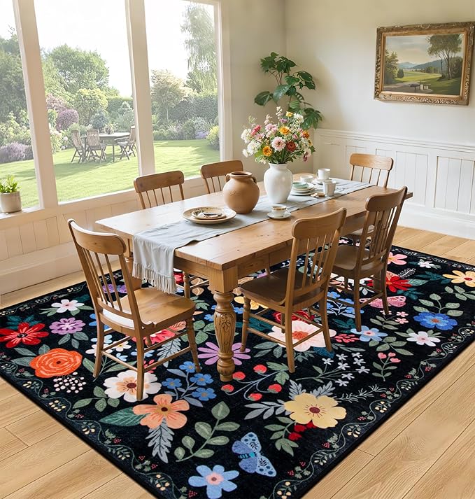 Area Rug Living Room Rugs: Floral 5x7 Washable Rug Vintage Soft Boho Non-Slip - Image 4