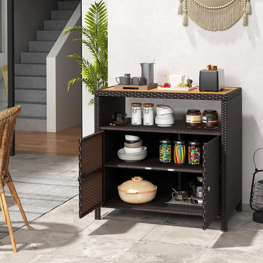Tangkula Rattan Outdoor Storage Cabinet, Patiojoy Outdoor Cabinet with Acacia...