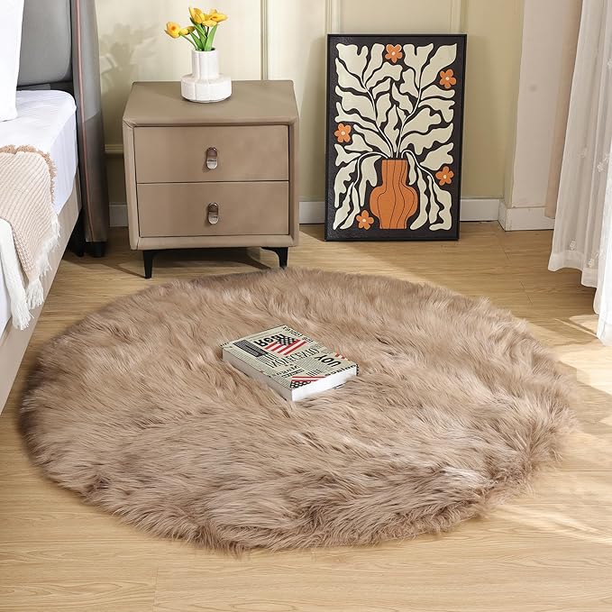 ORINOVA Beige Round Cozy 4ft Shag Rug Washable Furry Soft Area Rug - Image 2