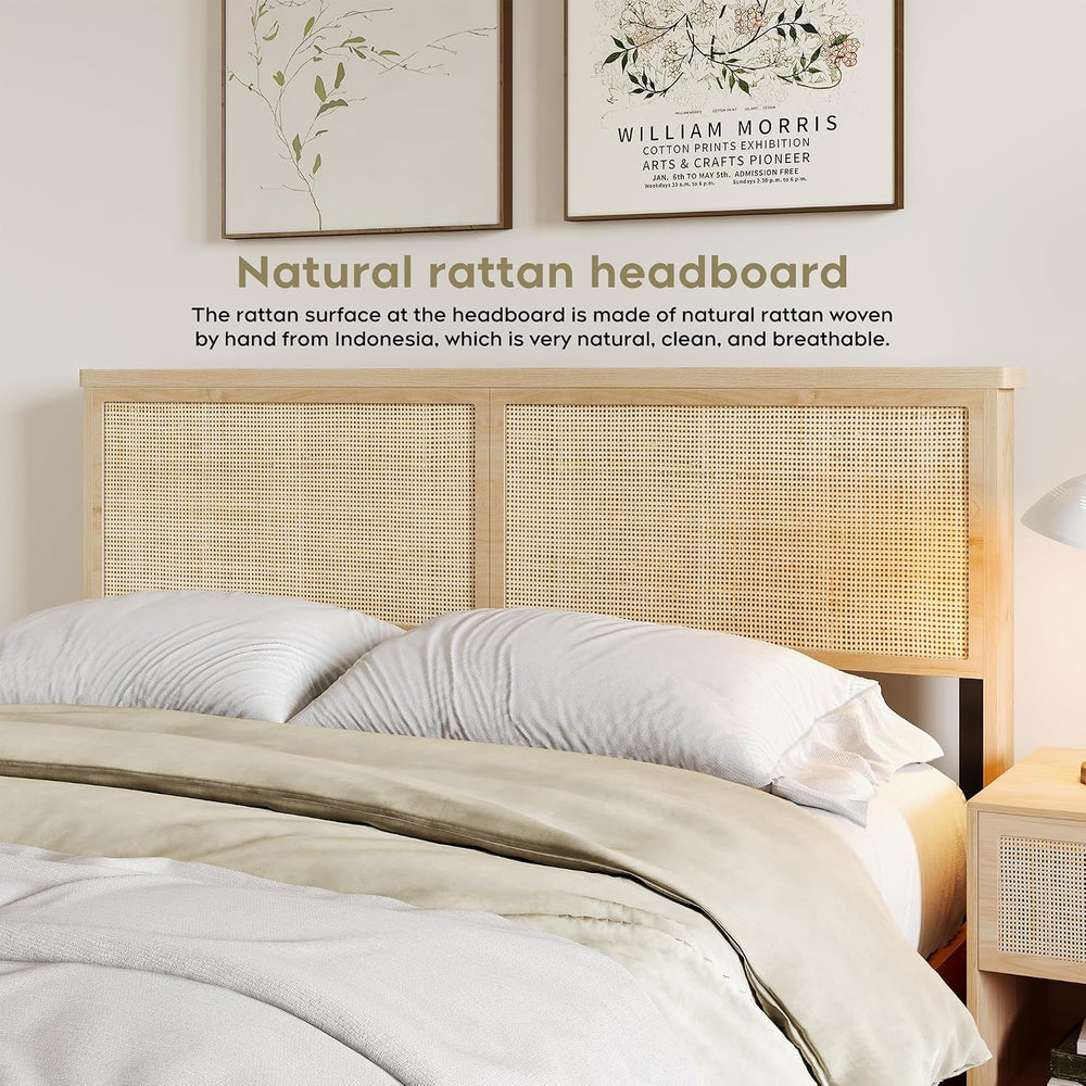 Natural Rattan Headboard Queen Bedframe with 4 Storage Drawers and Footboard,...
