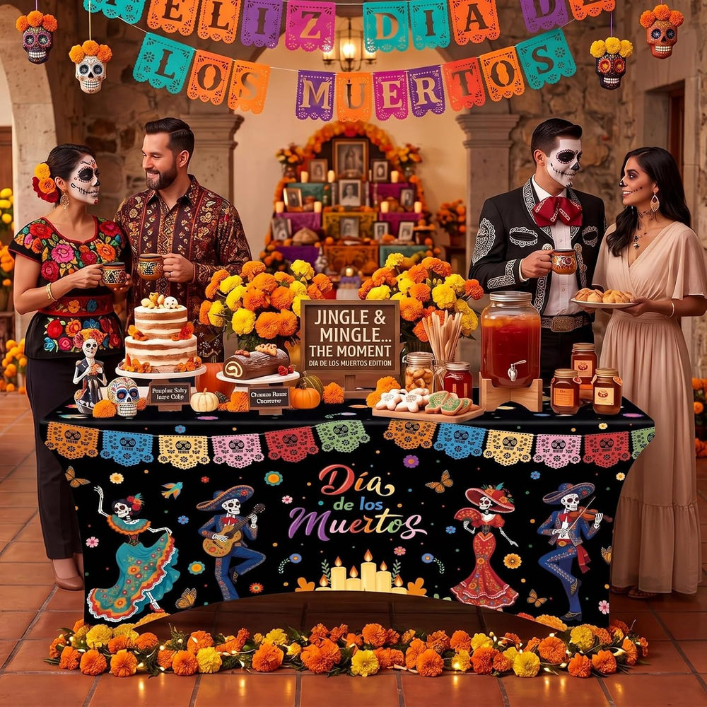 Moukeren 2 Pcs Day of The Dead Tablecloth 6 ft Halloween Dia De Los Muertos
