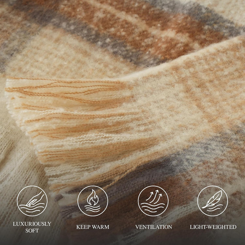 Battilo Beige Plaid Throw Blanket for Couch, Mohair Tartan Blanket 50"x6...