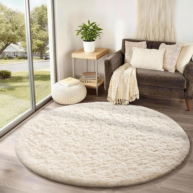 Ophanie Round Rug 4Ft Ivory Circle Area Rugs, Fluffy Fuzzy Small Bedroom Carpet by Ophanie
