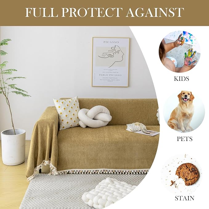HANDONTIME Couch Covers for Pets Boho Mustard Yellow Love Seat Couch Covers - Image 4