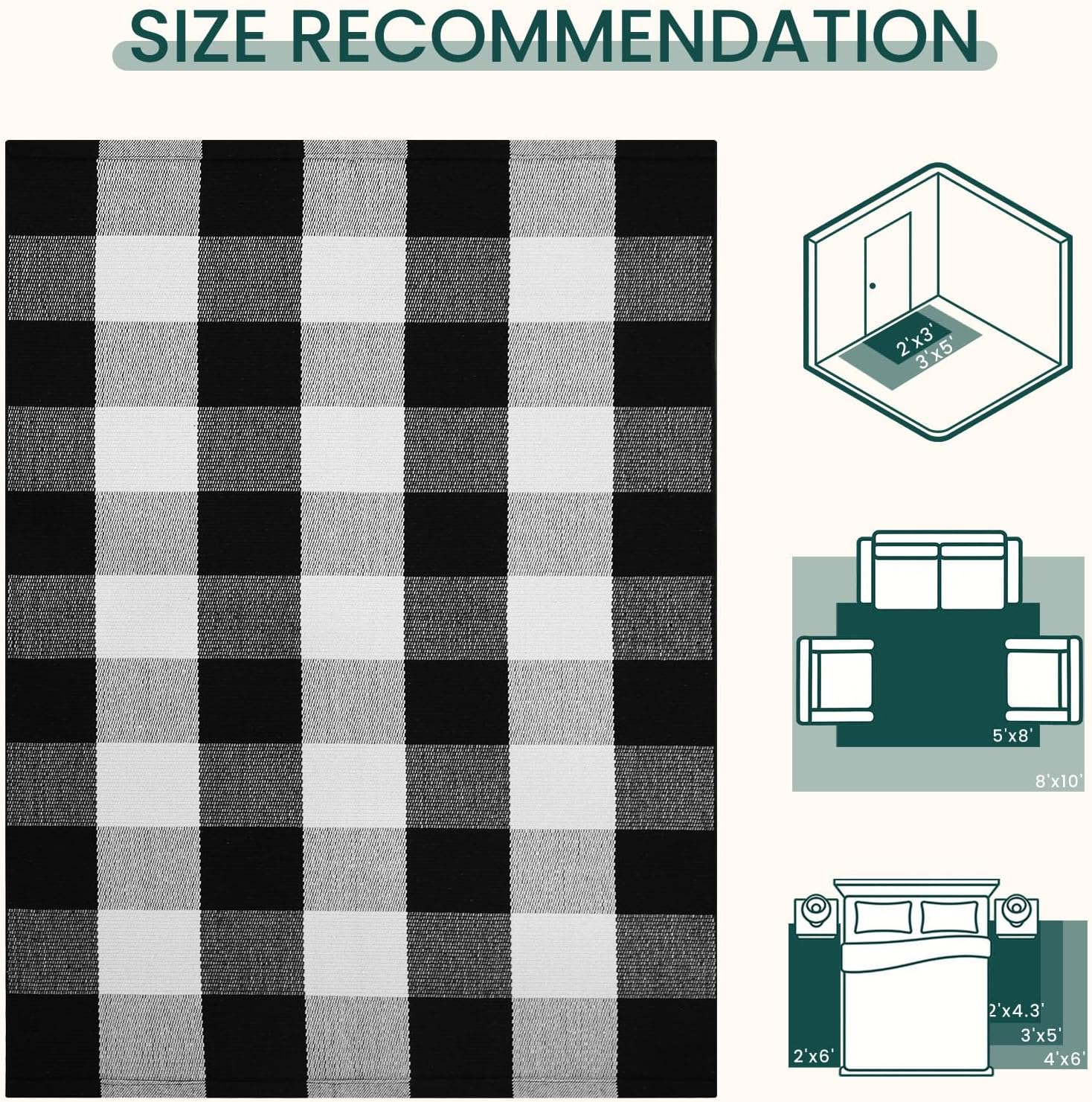 KOZYFLY Buffalo Plaid Rugs 2x6 Ft Runner Rug for Hallway, Black and White | Washable Kitchen Runner Rug, Woven Cotton Entryway Runner, Checkered Carpet Runners for Bedroom Living Room Farmhouse